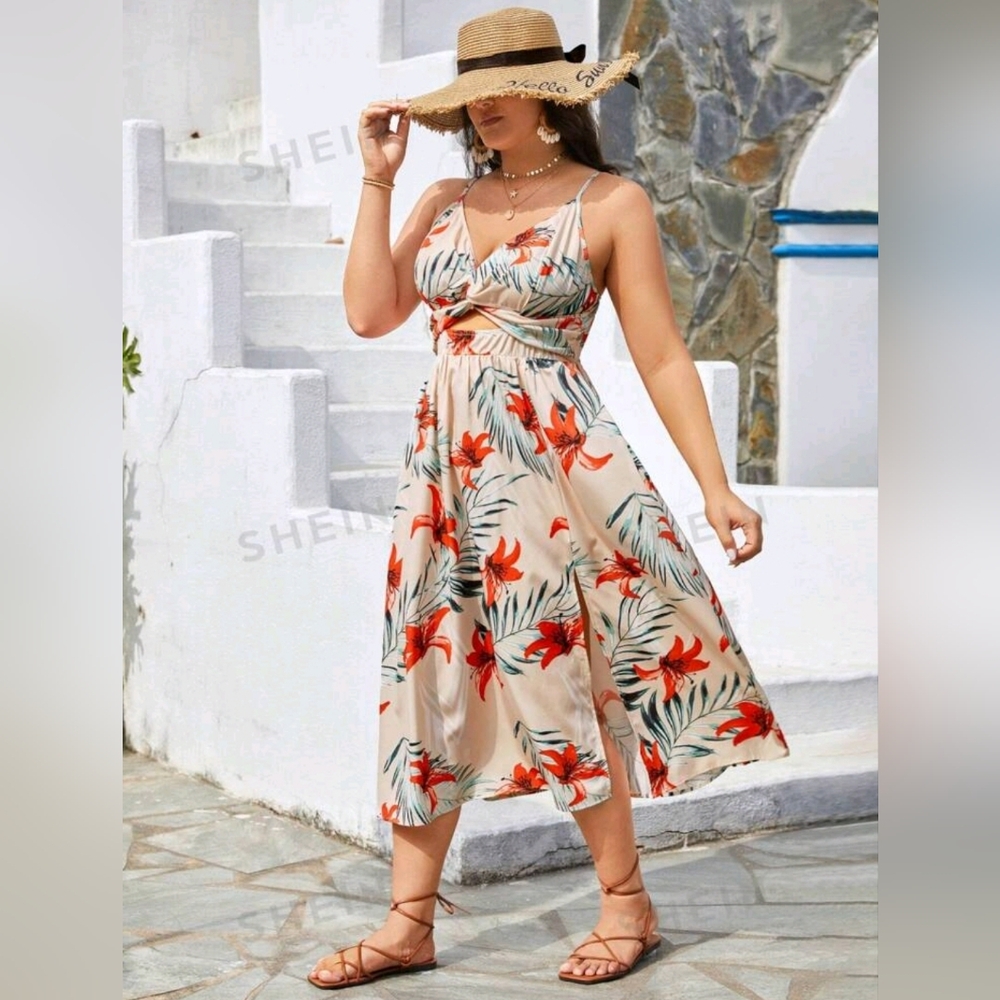 Summer Beach Vacation Flower & Plant Print Dress with a slit